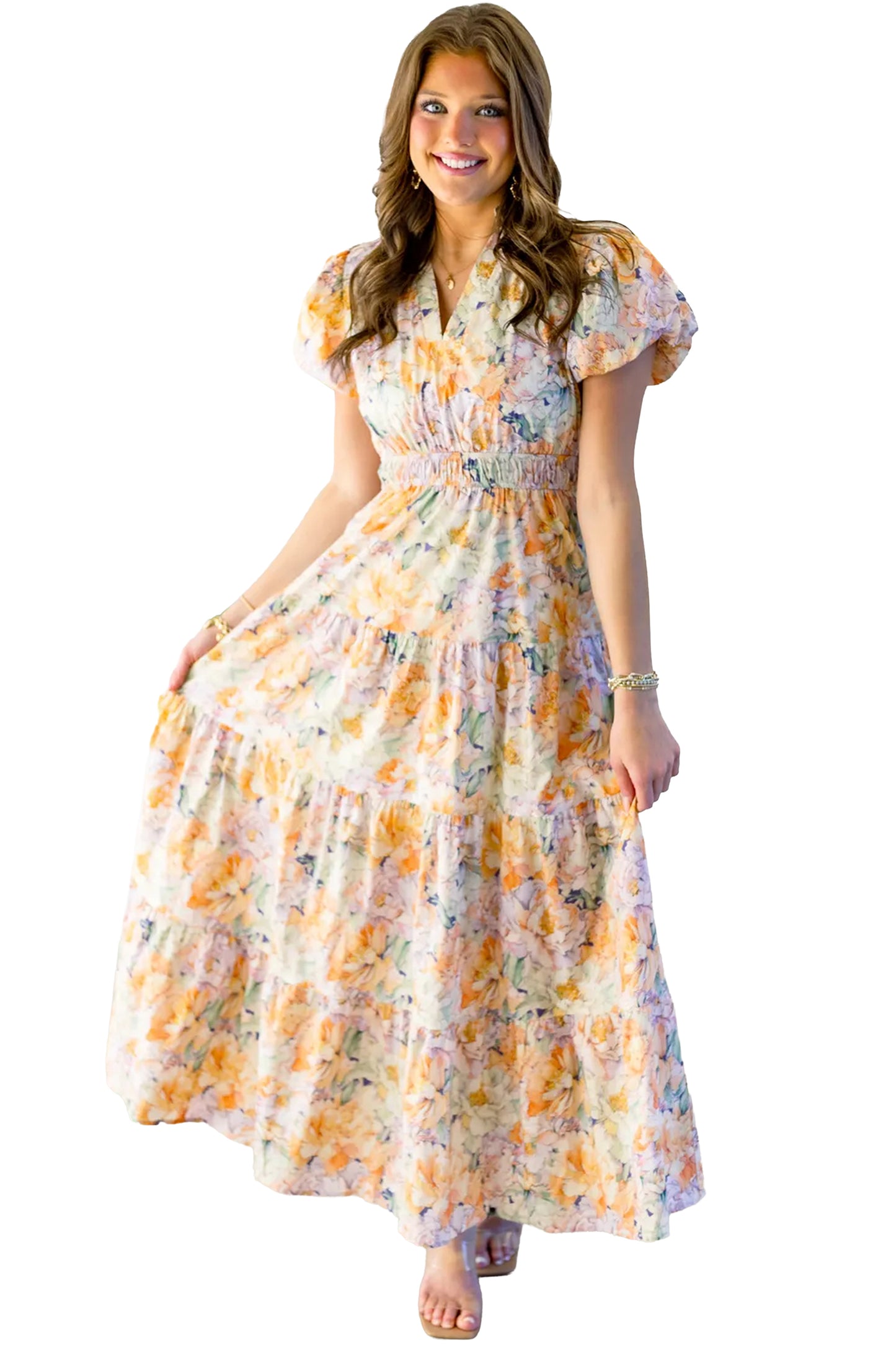 Orange Floral Bubble Sleeve V Neck Flared Maxi Dress-Dresses/Floral Dresses-[Adult]-[Female]-2022 Online Blue Zone Planet