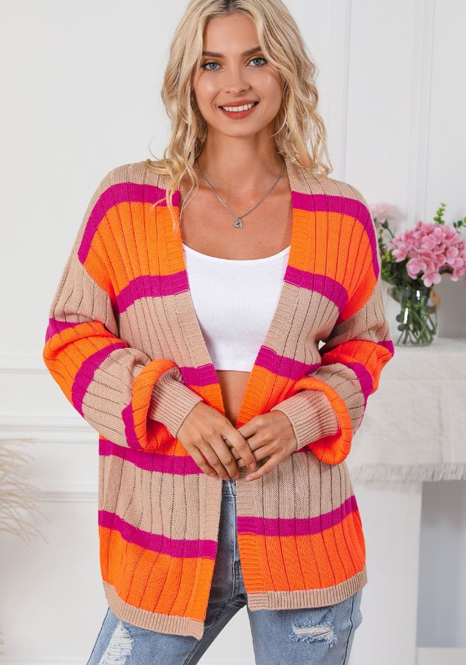 Contrast Striped Drop Shoulder Open Front Cardigan-TOPS / DRESSES-[Adult]-[Female]-2022 Online Blue Zone Planet