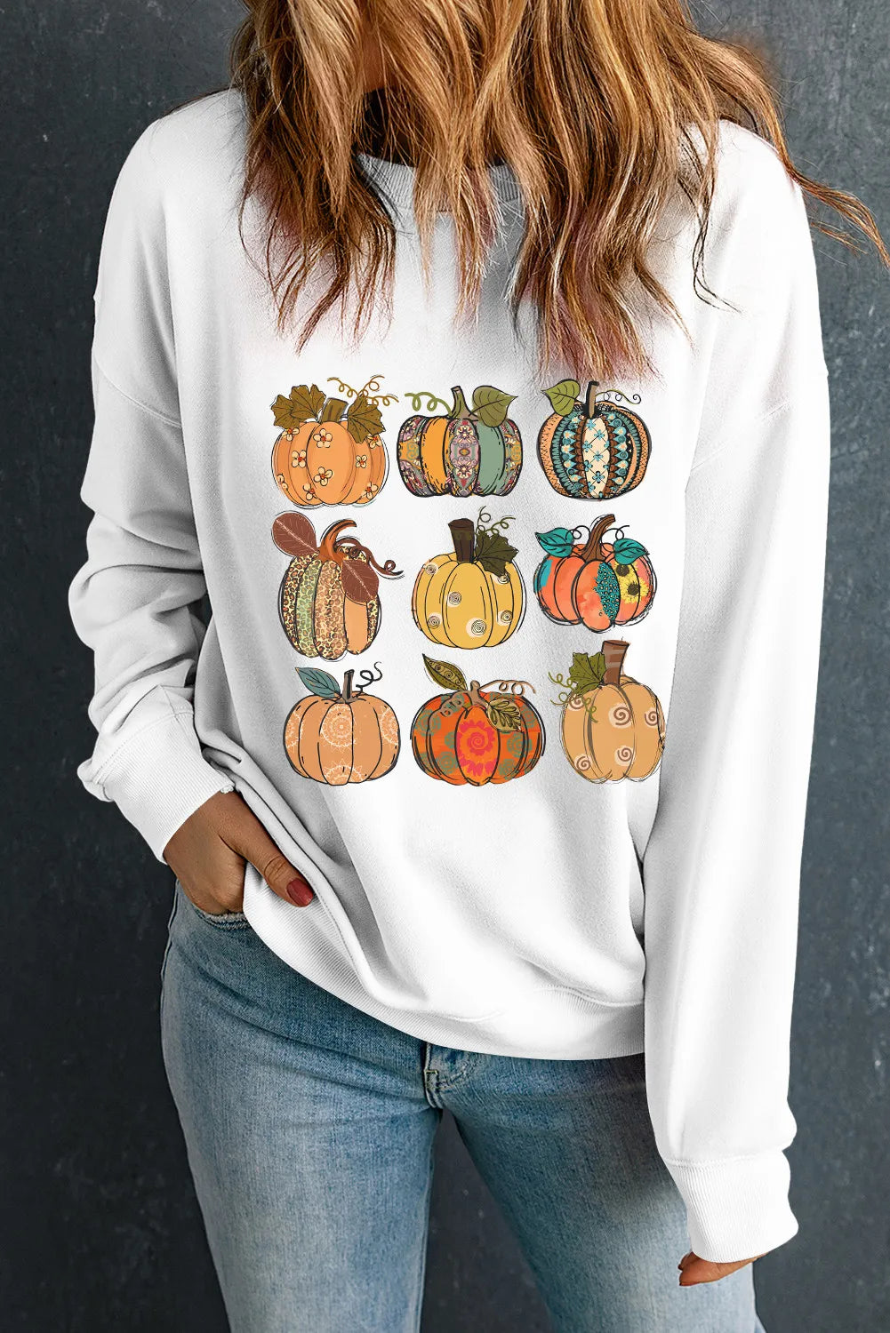 Pumpkin Graphic Long Sleeve Sweatshirt-TOPS / DRESSES-[Adult]-[Female]-White-S-2022 Online Blue Zone Planet