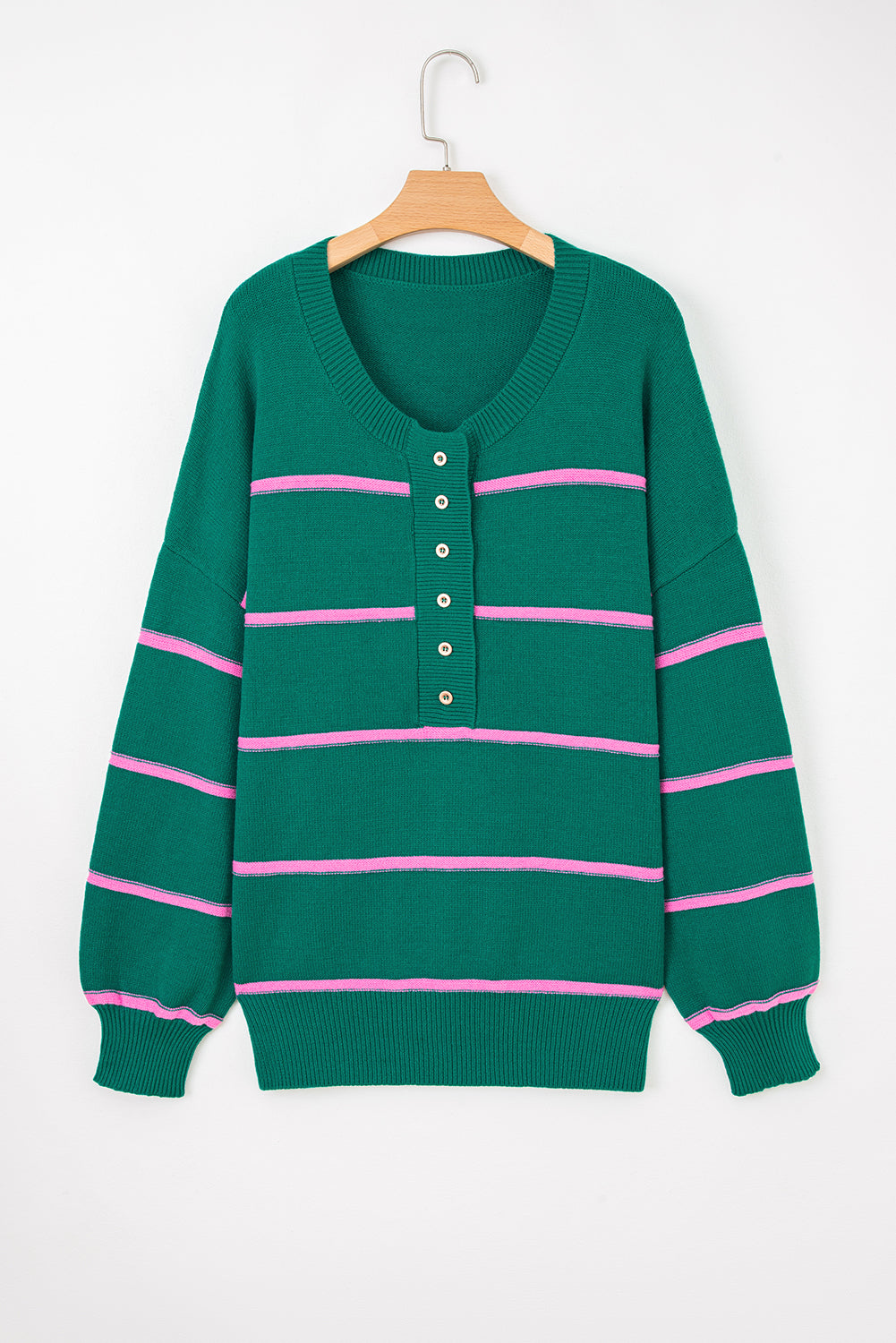 Green Stripe Half Buttons Drop Shoulder Plus Size Sweater-TOPS / DRESSES-[Adult]-[Female]-2022 Online Blue Zone Planet