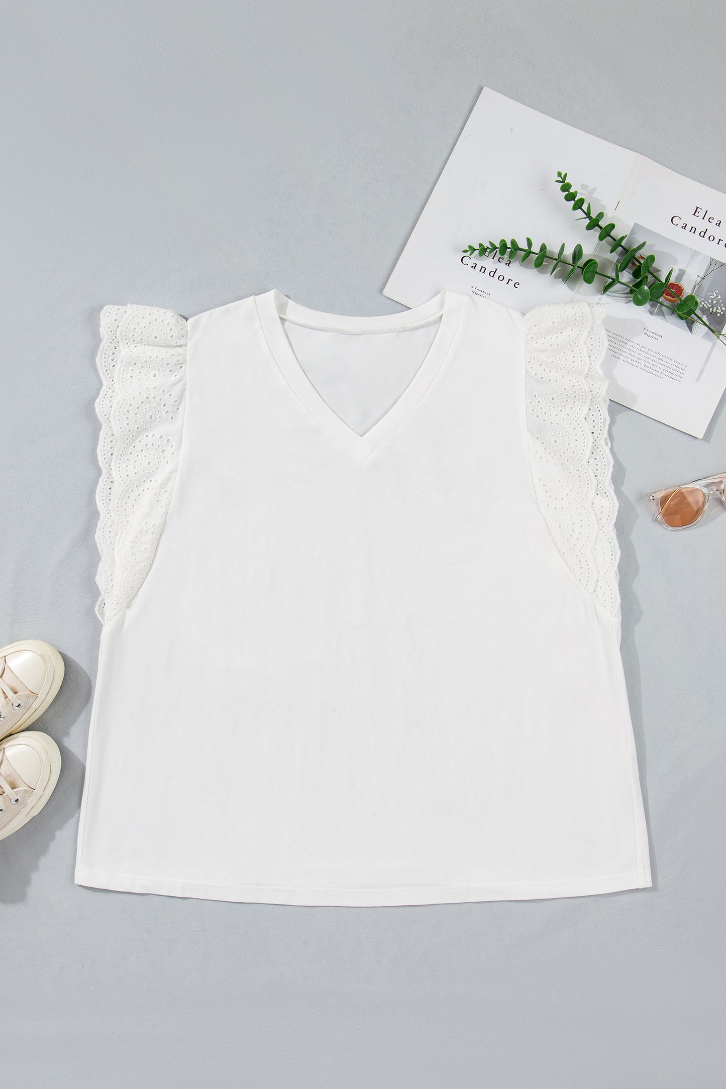 White Eyelet Crochet Splicing Short Sleeve Plus Size Tee-Plus Size/Plus Size Tops/Plus Size Tops & Tees-[Adult]-[Female]-2022 Online Blue Zone Planet