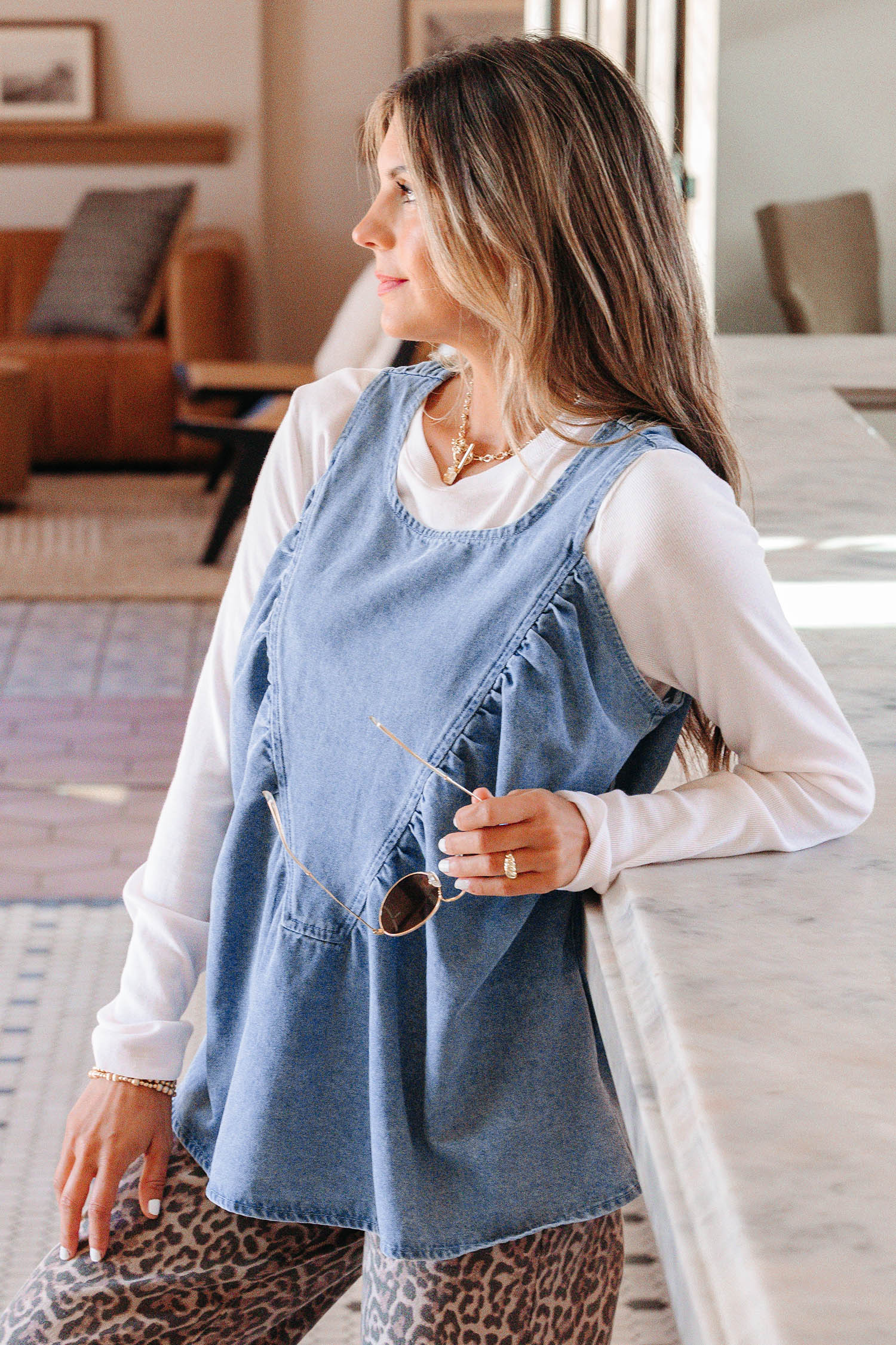 Myosotis Denim Pleated Patchwork Sleeveless Top-Tops/Tank Tops-[Adult]-[Female]-2022 Online Blue Zone Planet