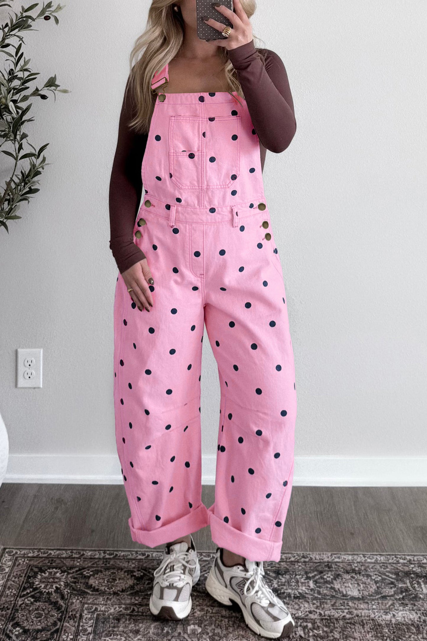 Jet Stream Polka Dot Print Bib Pocket Denim Barrel Overalls Jumpsuit-Bottoms/Jumpsuits & Rompers-[Adult]-[Female]-Phalaenopsis-S-2022 Online Blue Zone Planet