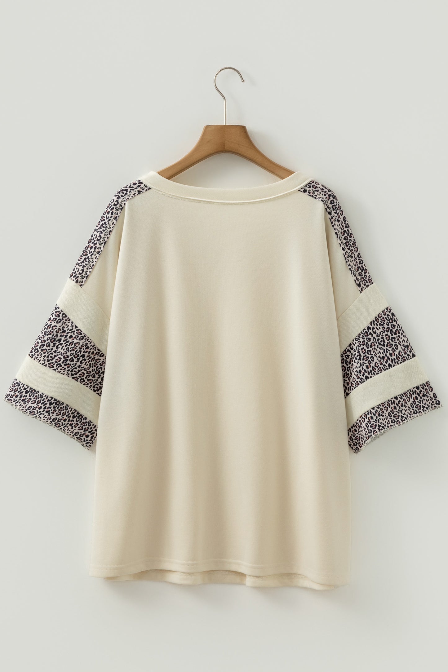 Apricot V Neck Exposed Seam Leopard Color Block Patchwork Half Sleeve Top-Plus Size/Plus Size Tops/Plus Size Tops & Tees-[Adult]-[Female]-2022 Online Blue Zone Planet