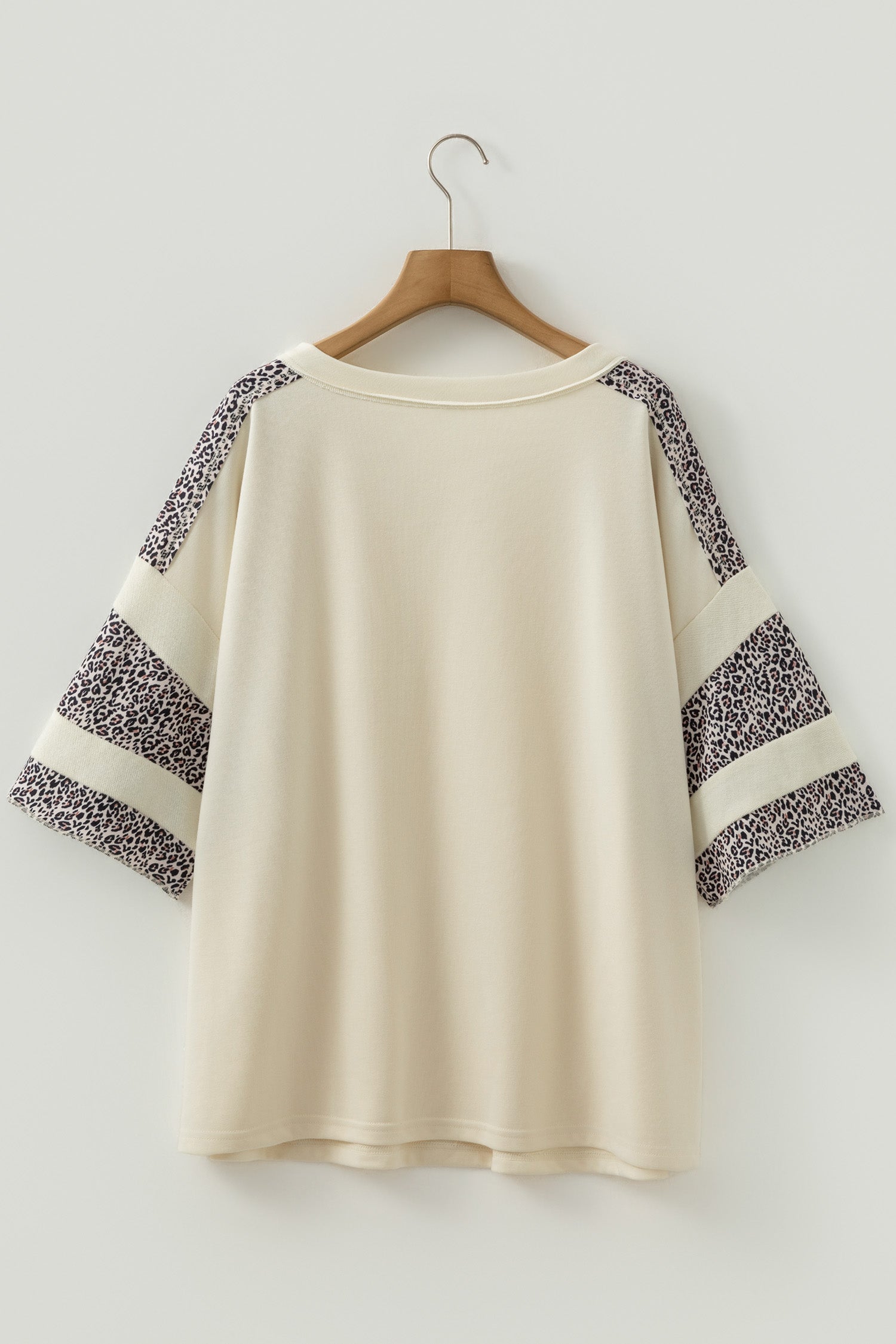 Apricot V Neck Exposed Seam Leopard Color Block Patchwork Half Sleeve Top-Plus Size/Plus Size Tops/Plus Size Tops & Tees-[Adult]-[Female]-2022 Online Blue Zone Planet