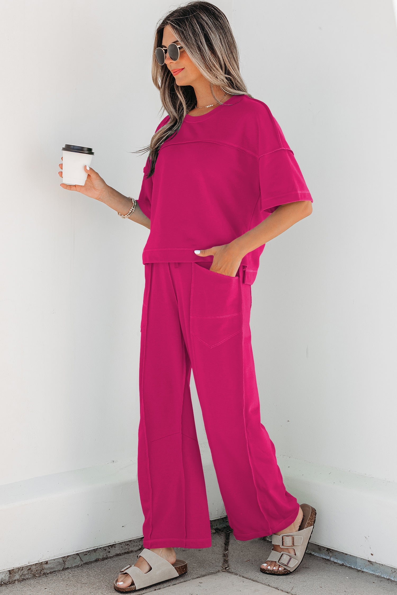 Sky Blue Drop Shoulder Boxy Tee and Barrel Pants Set-Two Piece Sets/Pant Sets-[Adult]-[Female]-2022 Online Blue Zone Planet