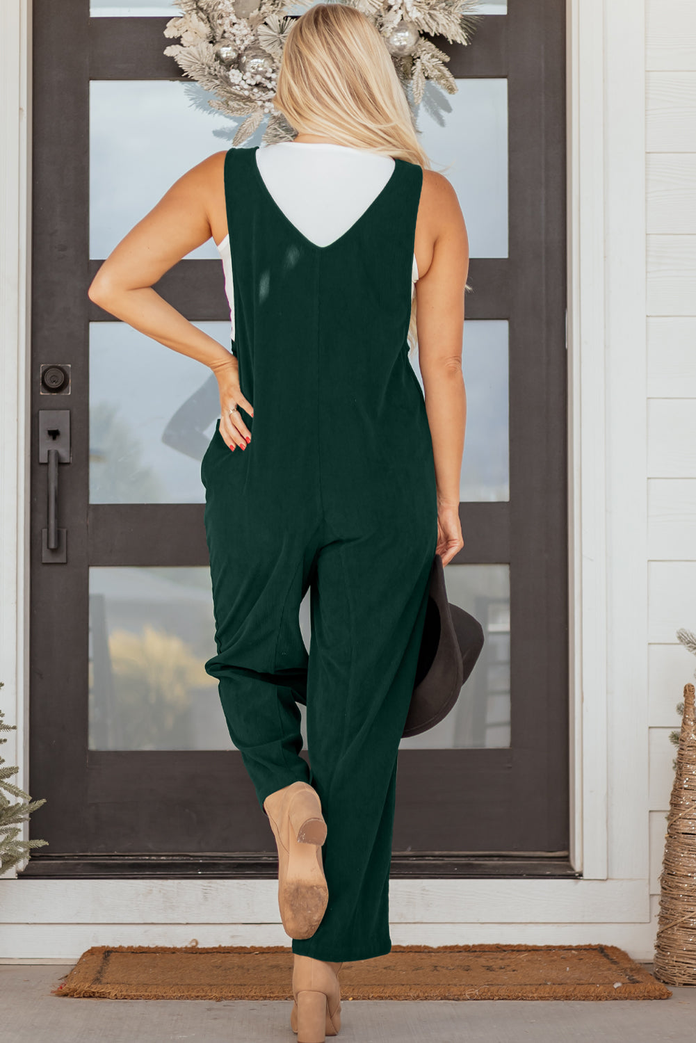 Evergreen Corduroy V Neck Patched Pocket Sleeveless Jumpsuit-Bottoms/Jumpsuits & Rompers-[Adult]-[Female]-2022 Online Blue Zone Planet