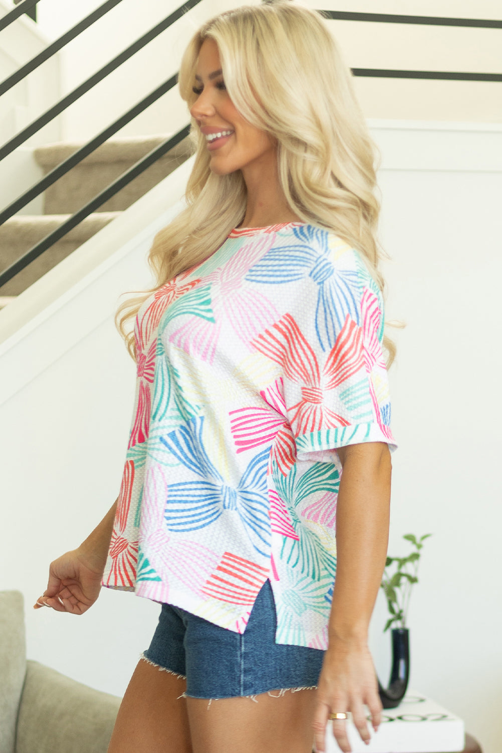 Multicolour Bowknot Printed Waffle Crewneck Loose Short Sleeve Top-Tops/Tops & Tees-[Adult]-[Female]-2022 Online Blue Zone Planet