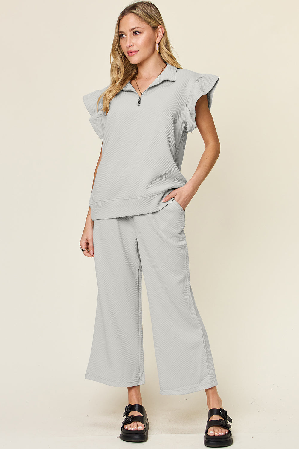 Blue Zone Planet | Double Take Texture Ruffle Short Sleeve Top and Drawstring Wide Leg Pants Set-TOPS / DRESSES-[Adult]-[Female]-Light Gray-S-2022 Online Blue Zone Planet