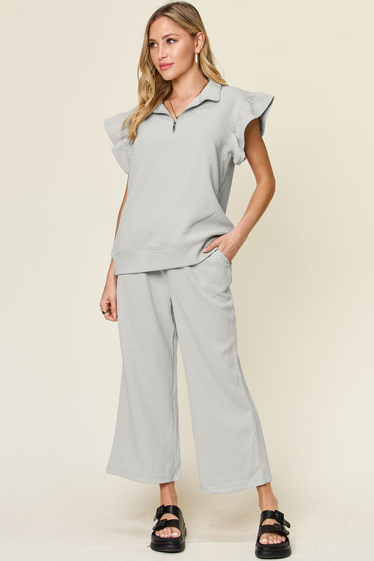 Blue Zone Planet | Double Take Texture Ruffle Short Sleeve Top and Drawstring Wide Leg Pants Set-TOPS / DRESSES-[Adult]-[Female]-Light Gray-S-2022 Online Blue Zone Planet