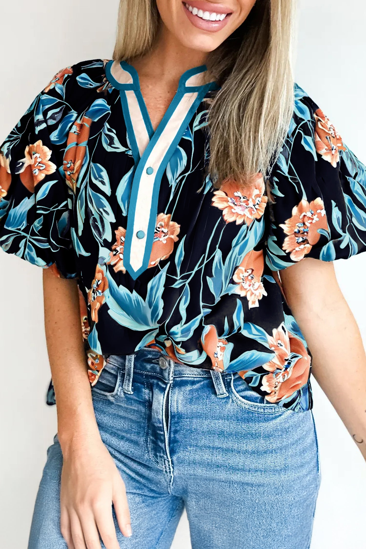 Black Floral Short Bubble Sleeve Buttoned Notched Neck Blouse-Tops/Blouses & Shirts-[Adult]-[Female]-2022 Online Blue Zone Planet