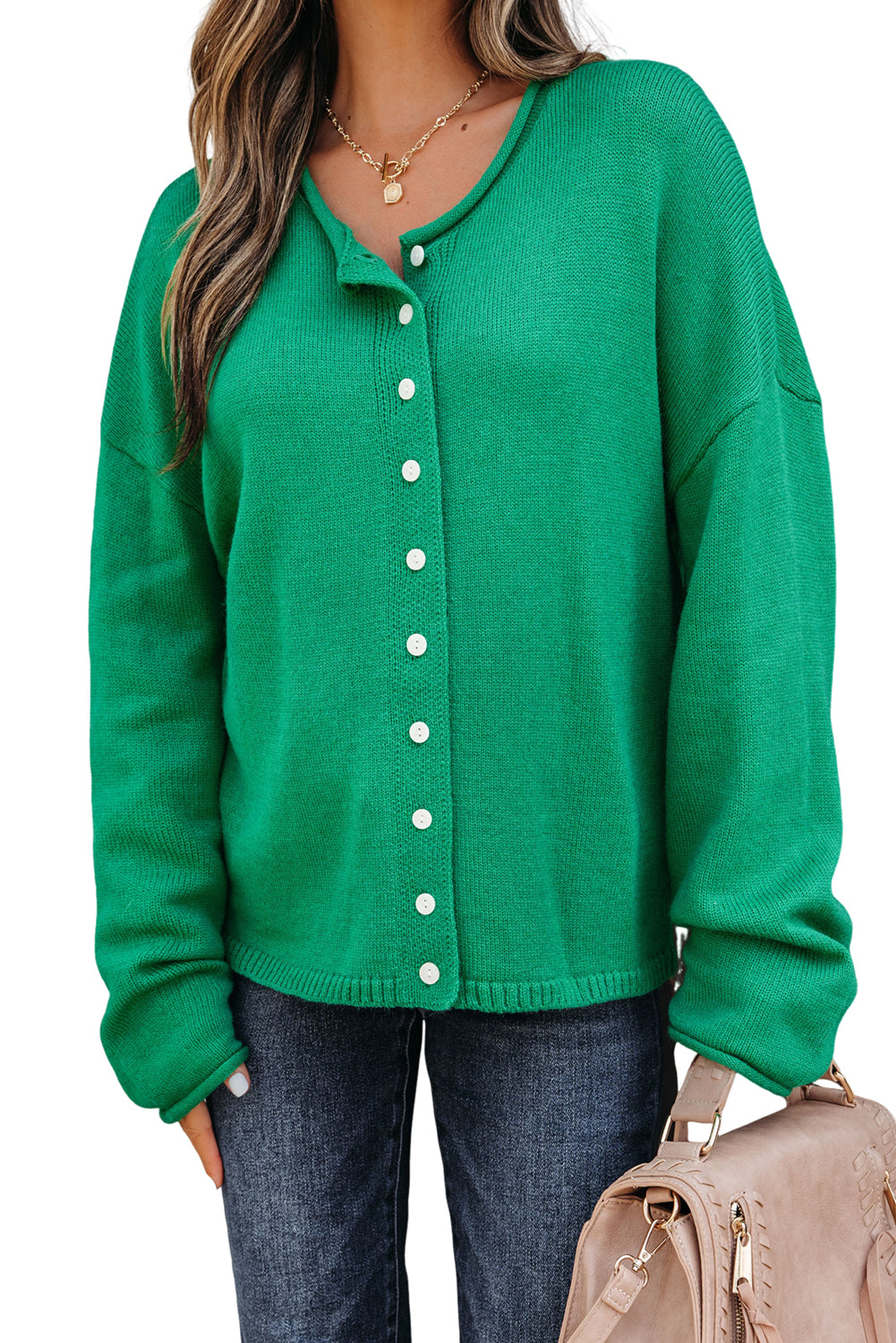 Bright Green Solid Color Knit Button Drop Shoulder Sweater Cardigan-TOPS / DRESSES-[Adult]-[Female]-2022 Online Blue Zone Planet