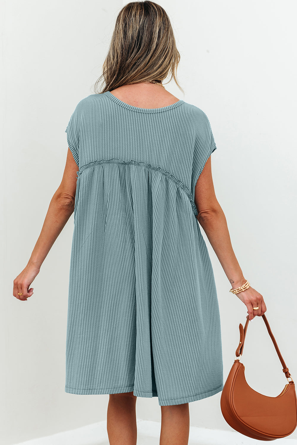 Canton Corded Knit Textured Patched Pocket Frilled Swing Mini Dress with Pockets-TOPS / DRESSES-[Adult]-[Female]-2022 Online Blue Zone Planet
