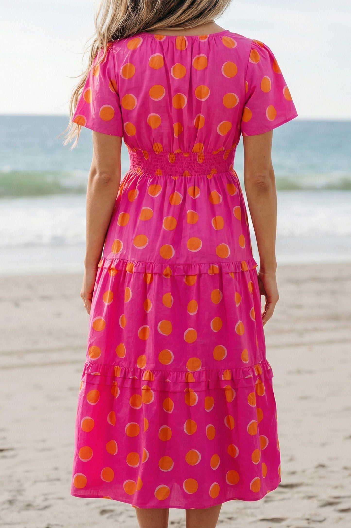 Rose Double Polka Dot Short Sleeve Shirred High Waist Midi Dress-Dresses/Midi Dresses-[Adult]-[Female]-2022 Online Blue Zone Planet