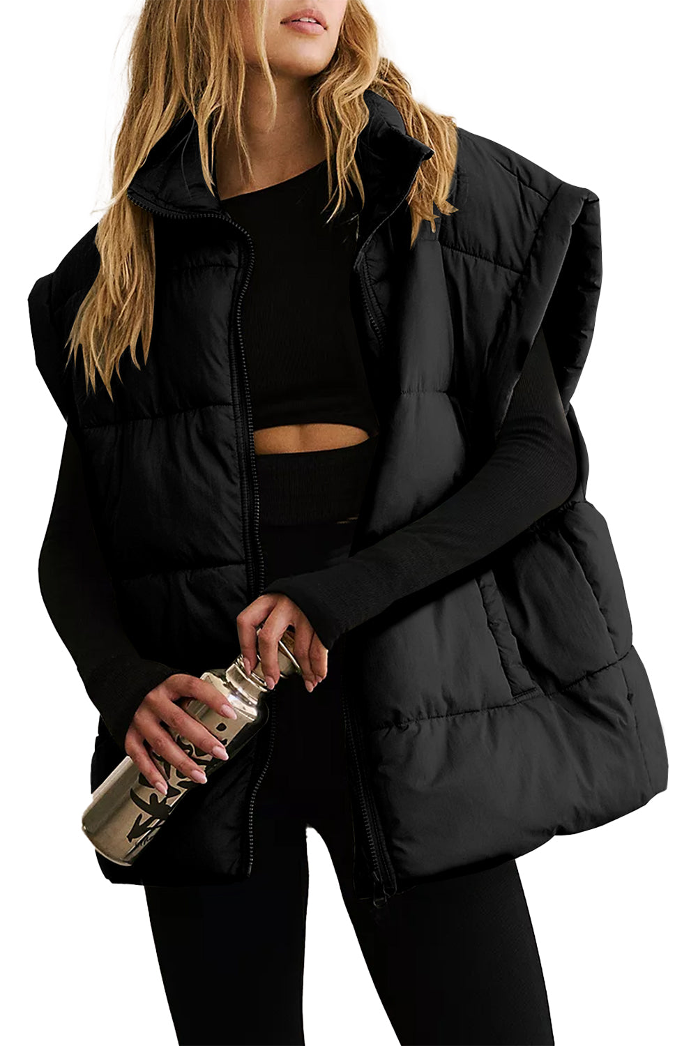 Beige Zipper Stand Neck Oversized Puffer Vest-Outerwear/Vests-[Adult]-[Female]-2022 Online Blue Zone Planet