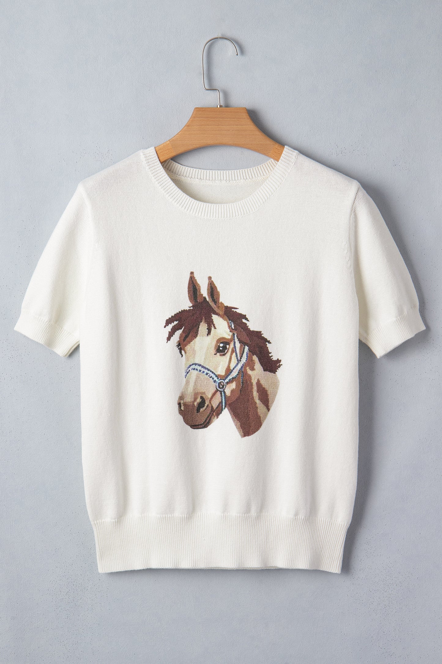 White Wild West Horse Head Printed Short Sleeve Sweater-TOPS / DRESSES-[Adult]-[Female]-2022 Online Blue Zone Planet