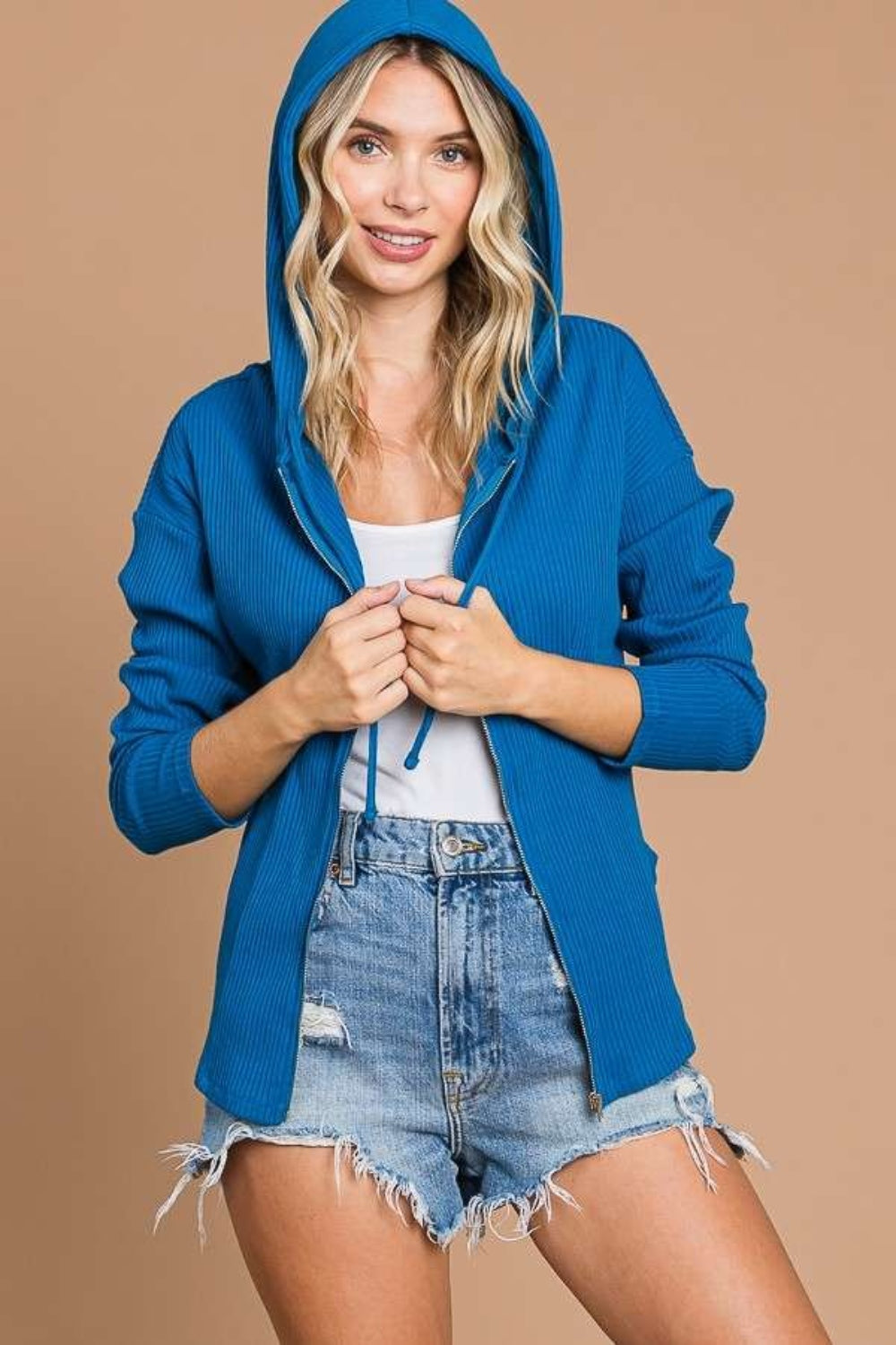 Culture Code Full Size Ribbed Zip Up Drawstring Hooded Jacket-TOPS / DRESSES-[Adult]-[Female]-2022 Online Blue Zone Planet