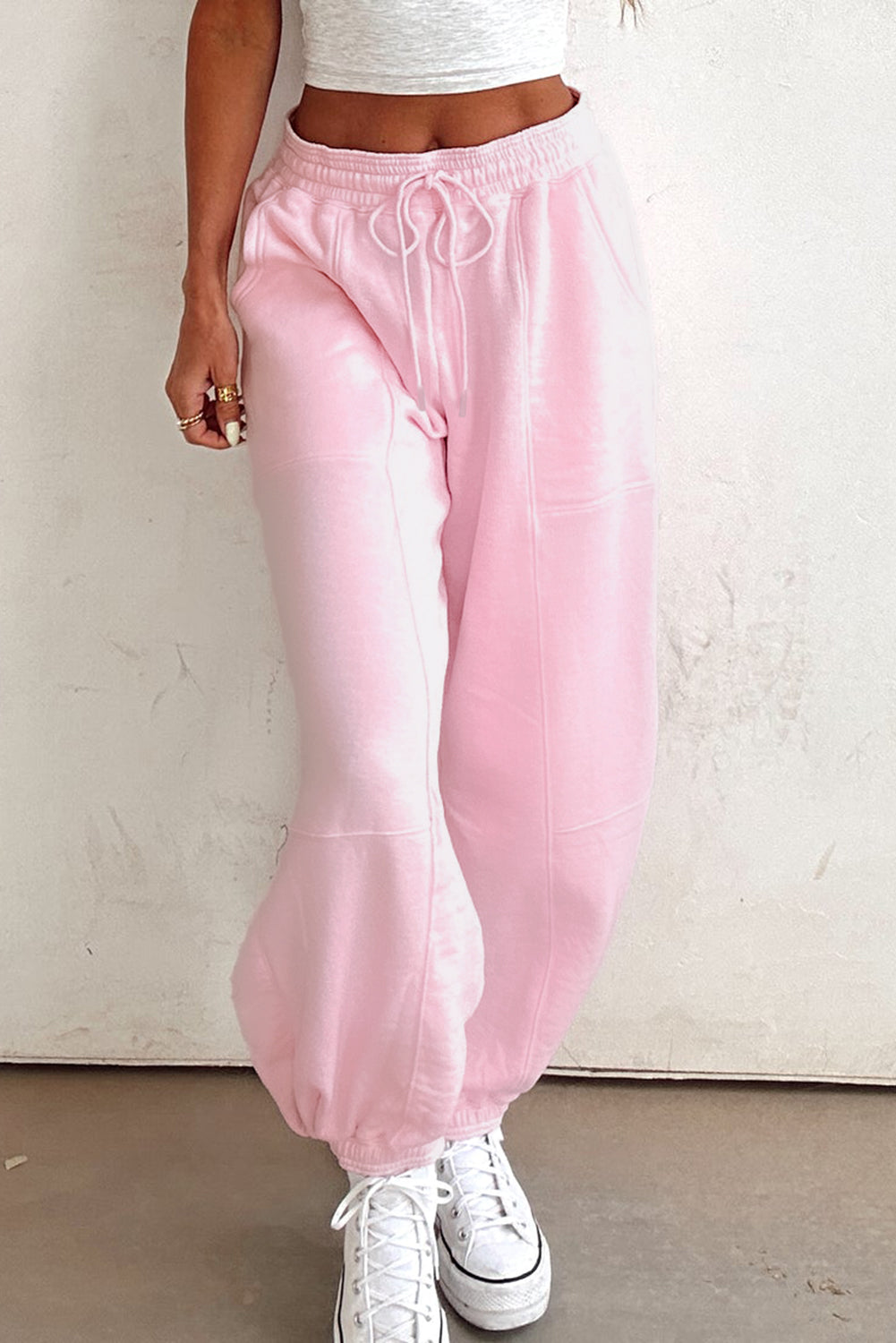 Light Pink Drawstring Waist Patchwork Solid Color Jogger Pants-Bottoms/Pants & Culotte-[Adult]-[Female]-2022 Online Blue Zone Planet