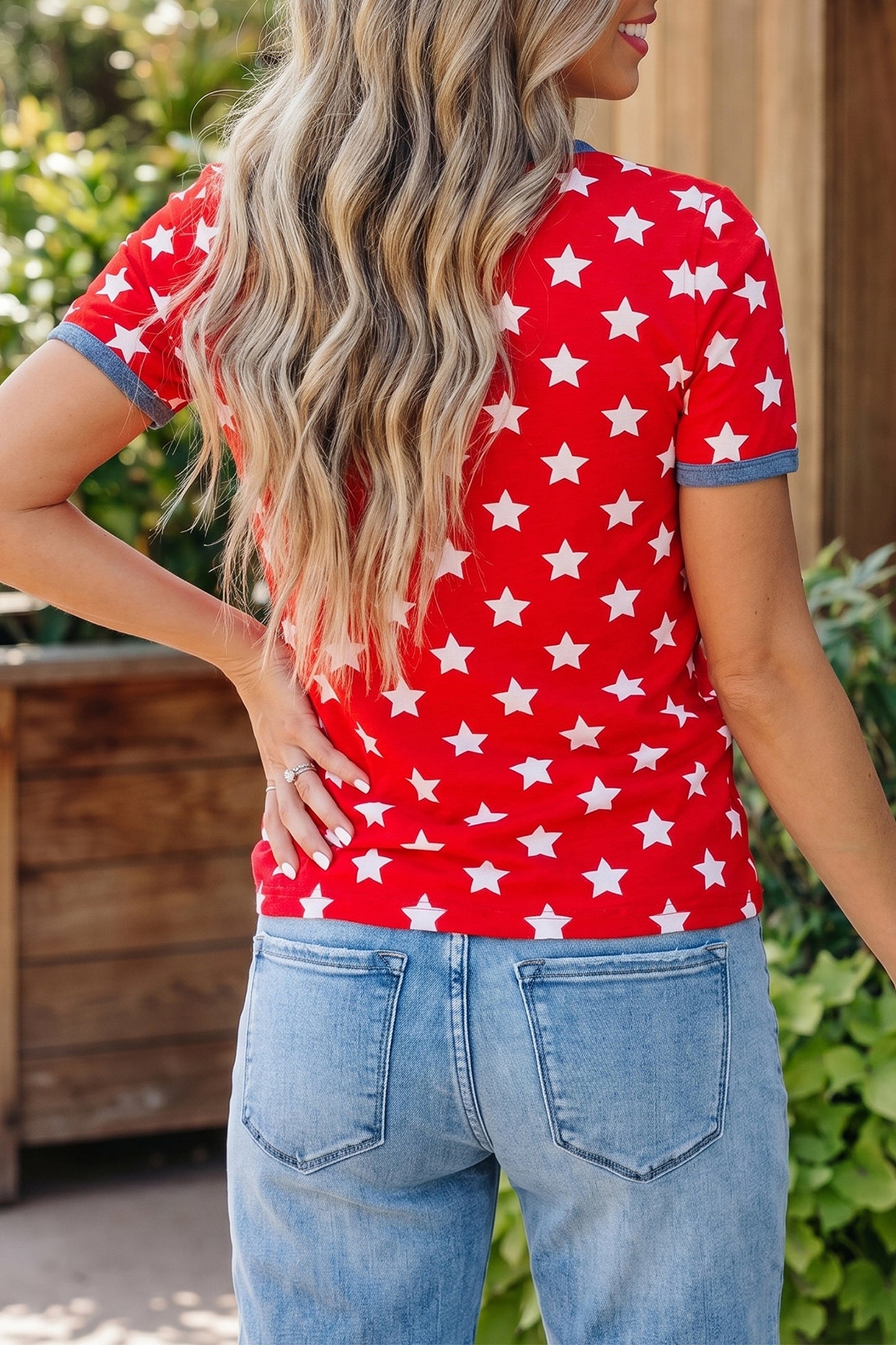 Red Stars Print Colorblock Binding Tape Collar Cuff Viscose Tunic Top-Tops/Tops & Tees-[Adult]-[Female]-2022 Online Blue Zone Planet