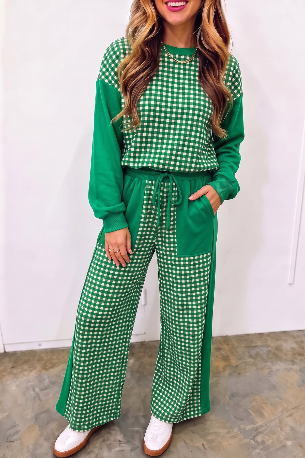 Khaki Color Block Plaid Patchwork Long Sleeve Pullover Wide Leg Pant Set-Two Piece Sets/Pant Sets-[Adult]-[Female]-2022 Online Blue Zone Planet