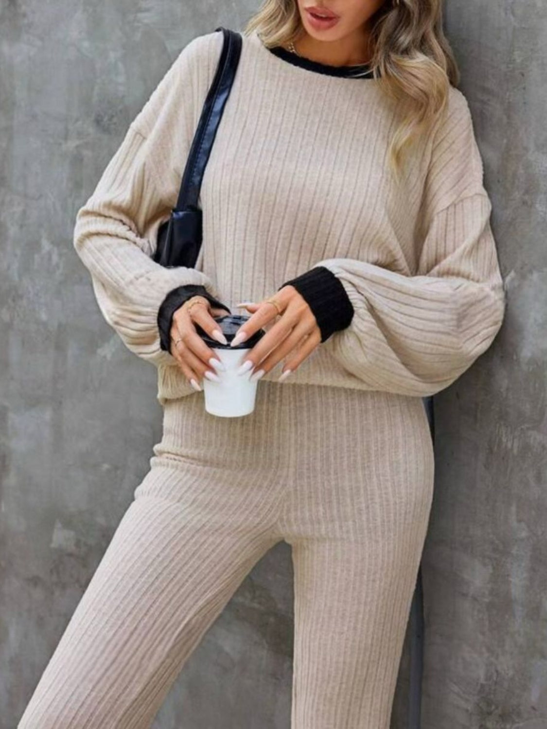 Contrast Round Neck Long Sleeve Top and Bootcut Pants Set-TOPS / DRESSES-[Adult]-[Female]-2022 Online Blue Zone Planet