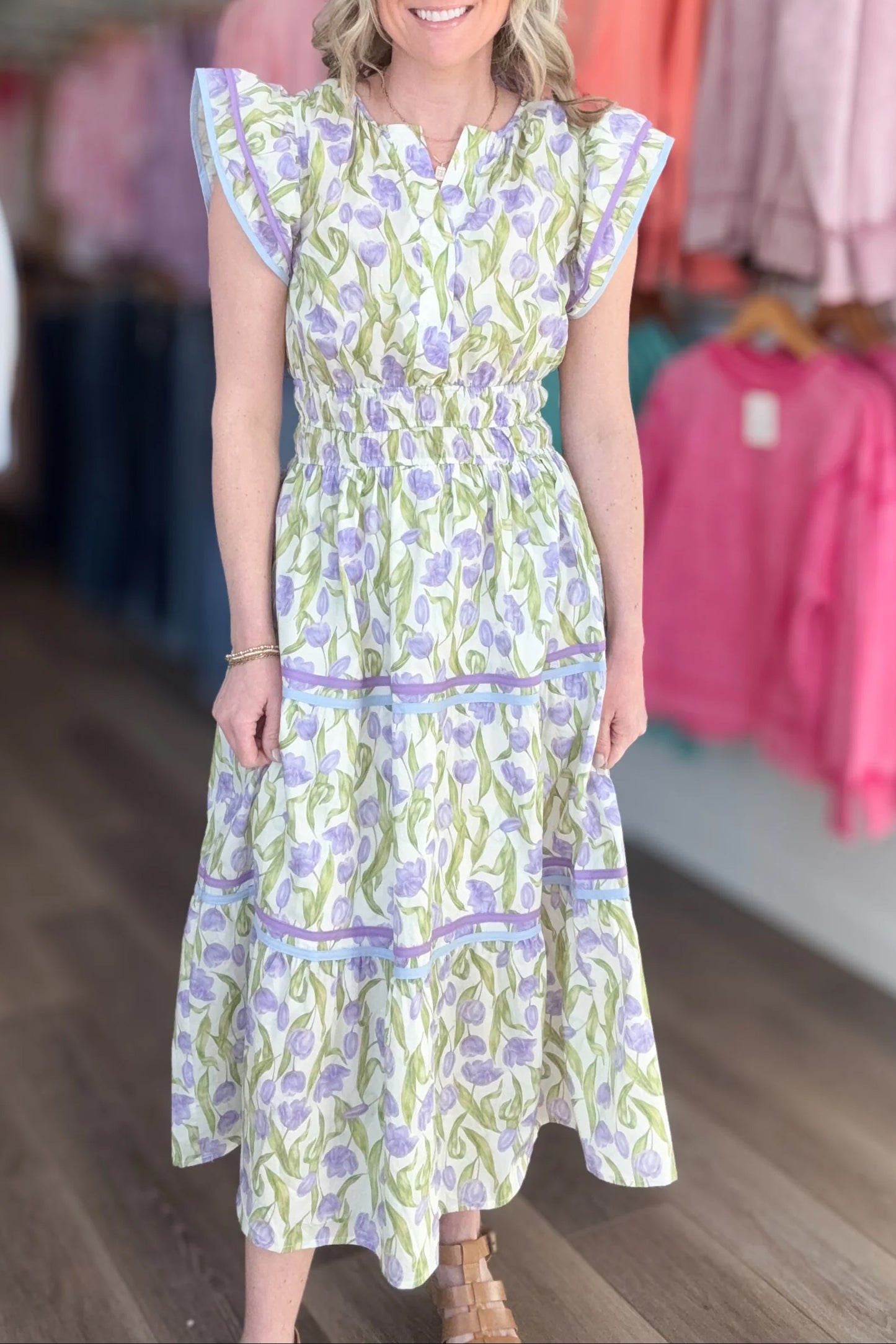 Purple Tulip Floral Print Contrast Trim Midi Dress-TOPS / DRESSES-[Adult]-[Female]-2022 Online Blue Zone Planet