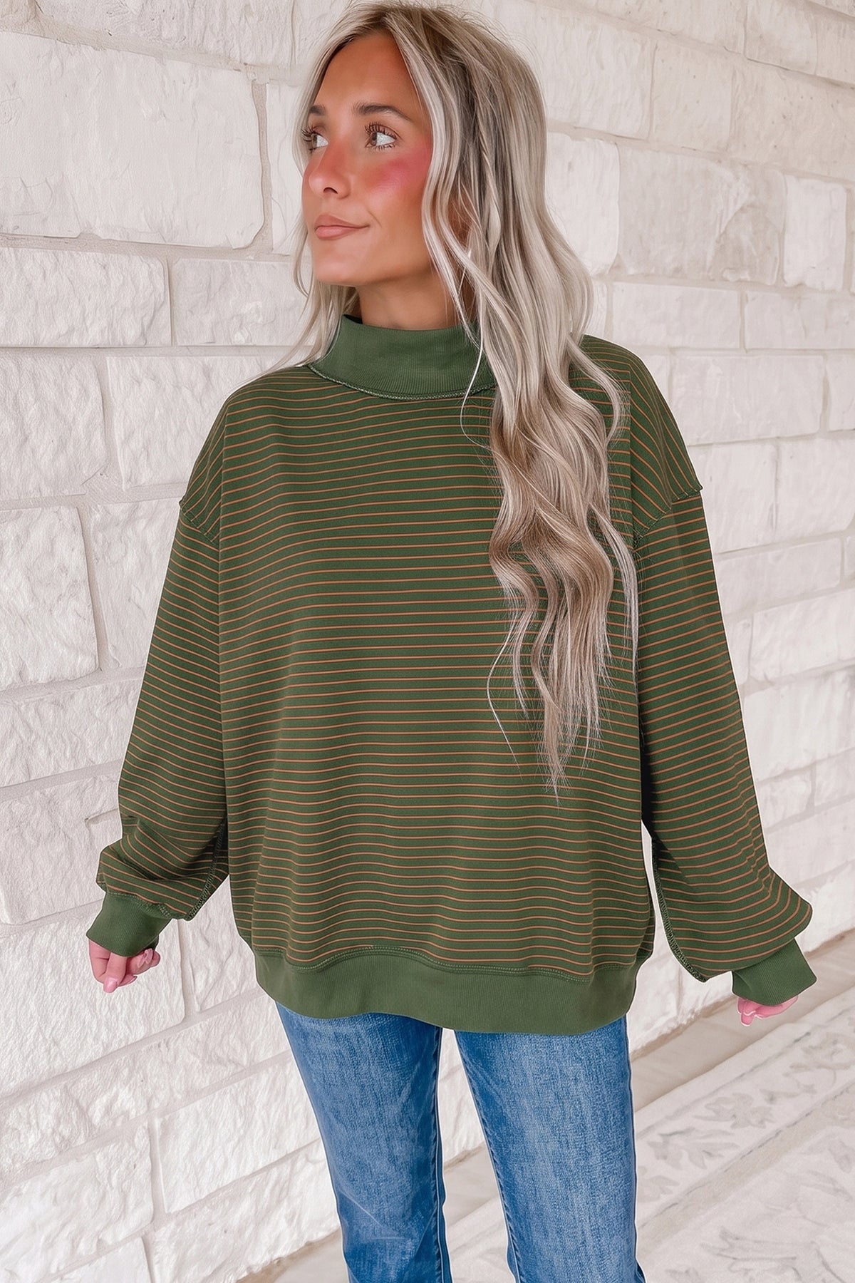 Green Stripe Ribbed Color Block Mock Neck Oversized Sweatshirt-Tops/Sweatshirts & Hoodies-[Adult]-[Female]-2022 Online Blue Zone Planet