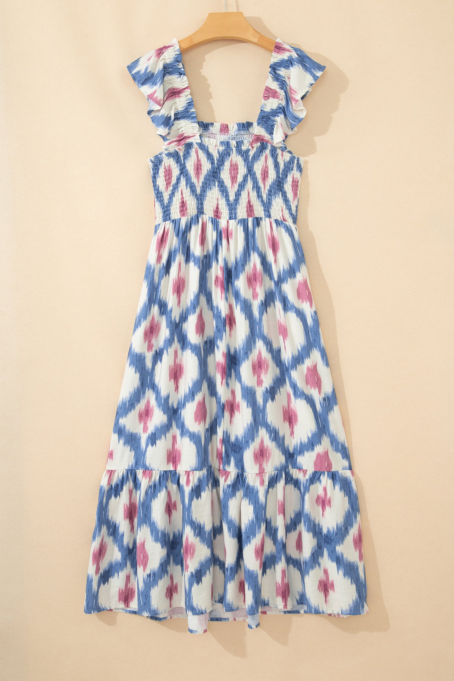 Sky Blue Ethnic Geometric Print Square Neck Smocked High Waist Ruffle Sleeve Dress-TOPS / DRESSES-[Adult]-[Female]-2022 Online Blue Zone Planet