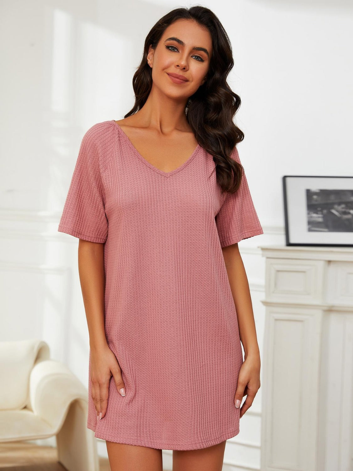 V-Neck Short Sleeve Mini Lounge Dress-TOPS / DRESSES-[Adult]-[Female]-Dusty Pink-S-2022 Online Blue Zone Planet