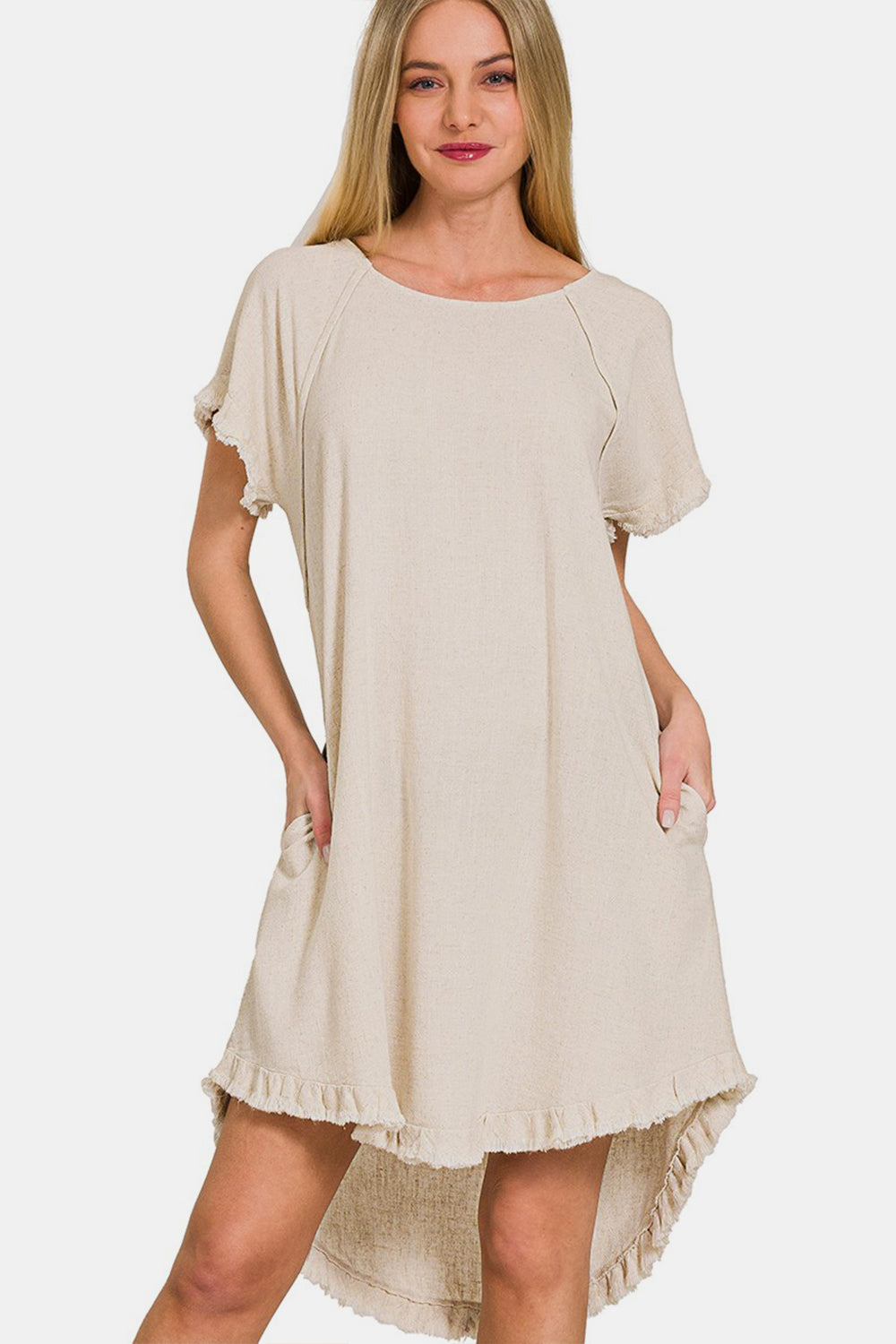 Zenana Fringe Edge High Low Flowy Dress with Pockets-TOPS / DRESSES-[Adult]-[Female]-Beige-S-2022 Online Blue Zone Planet