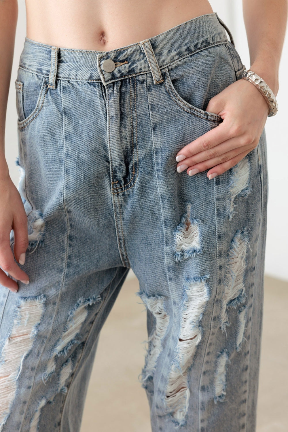 Blue Zone Planet | Litz La Washed Barrel Leg High Waist Distressed Jeans-TOPS / DRESSES-[Adult]-[Female]-2022 Online Blue Zone Planet