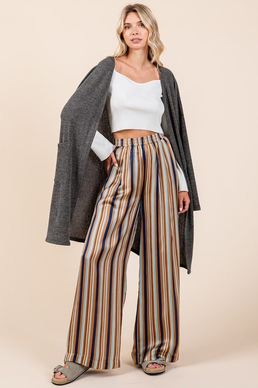 Mittoshop Striped Satin Elastic Waist Wide Leg Pants-[Adult]-[Female]-Navy Multi-S-2022 Online Blue Zone Planet