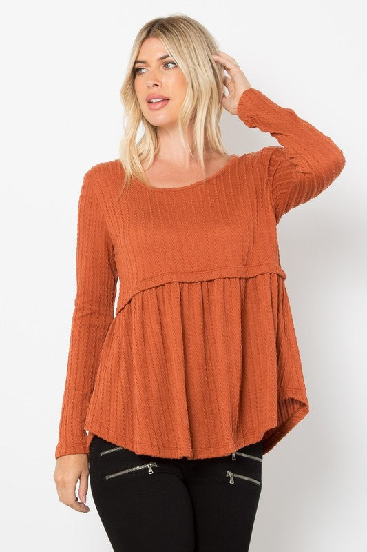 Be Stage Full Size Texture Babydoll Round Neck Long Sleeve Knit Top-TOPS / DRESSES-[Adult]-[Female]-Rust-S-2022 Online Blue Zone Planet