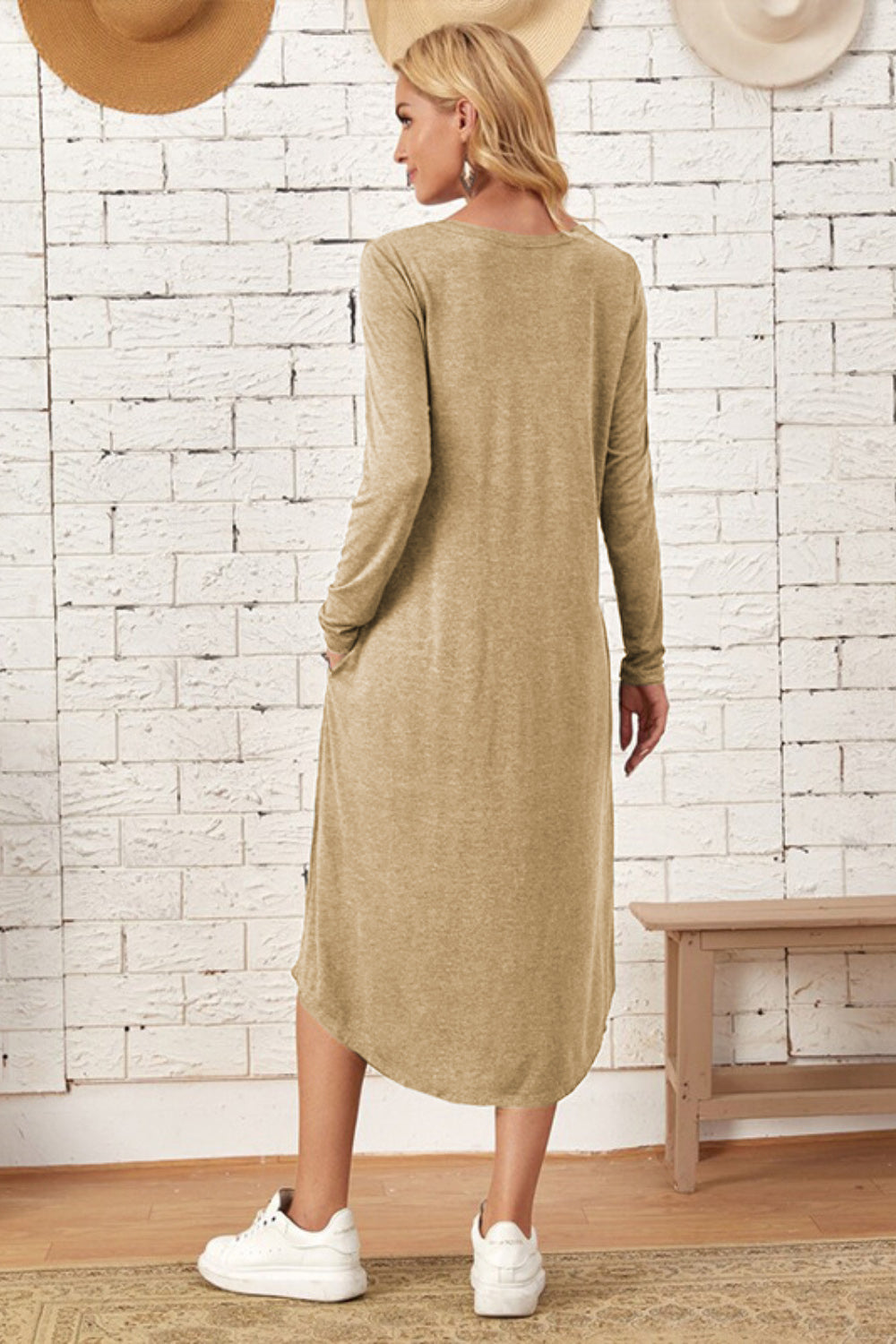 Pocketed Round Neck Long Sleeve Tee Dress-TOPS / DRESSES-[Adult]-[Female]-2022 Online Blue Zone Planet