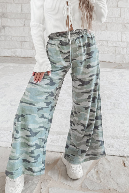 Green Camo Wide Leg Tie Elastic Waist Casual Pants-Bottoms/Pants & Culotte-[Adult]-[Female]-Green-S-2022 Online Blue Zone Planet