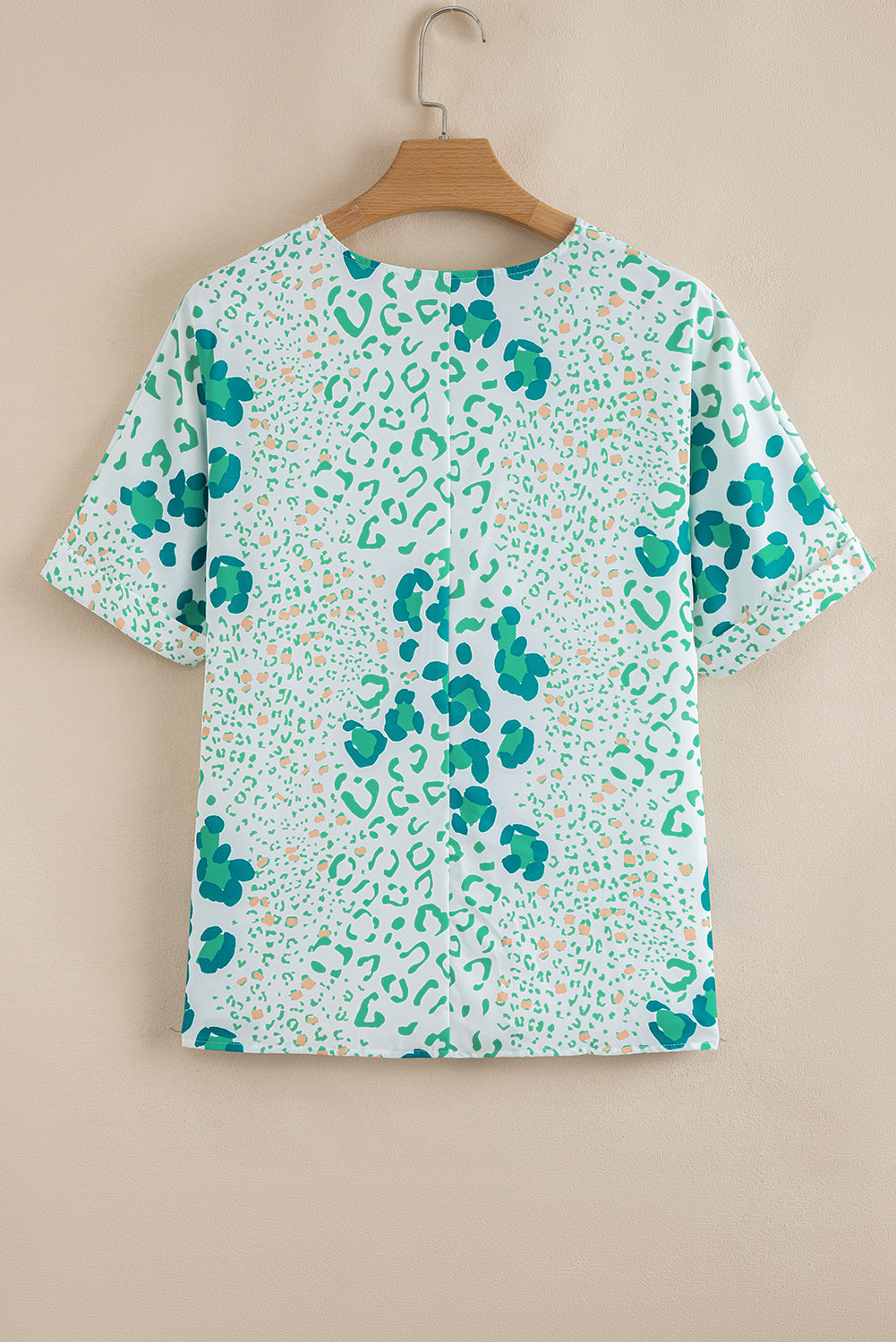 Green Mixed Leopard Print V Neck Short Sleeve Blouse-Tops/Blouses & Shirts-[Adult]-[Female]-2022 Online Blue Zone Planet