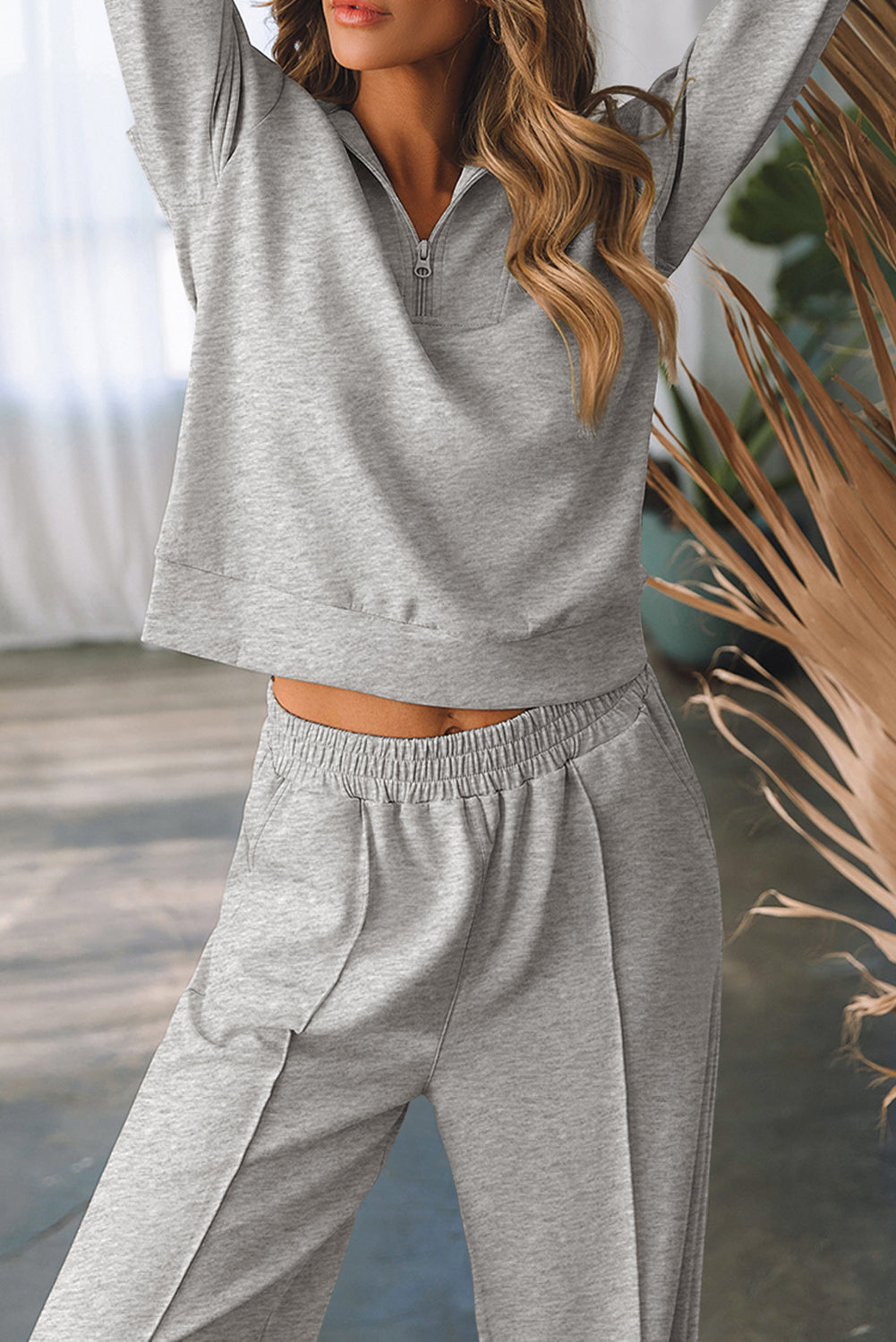 Light Grey Solid Zip Sailor Collar Pullover Athleisure Sweatpants 2pcs Set