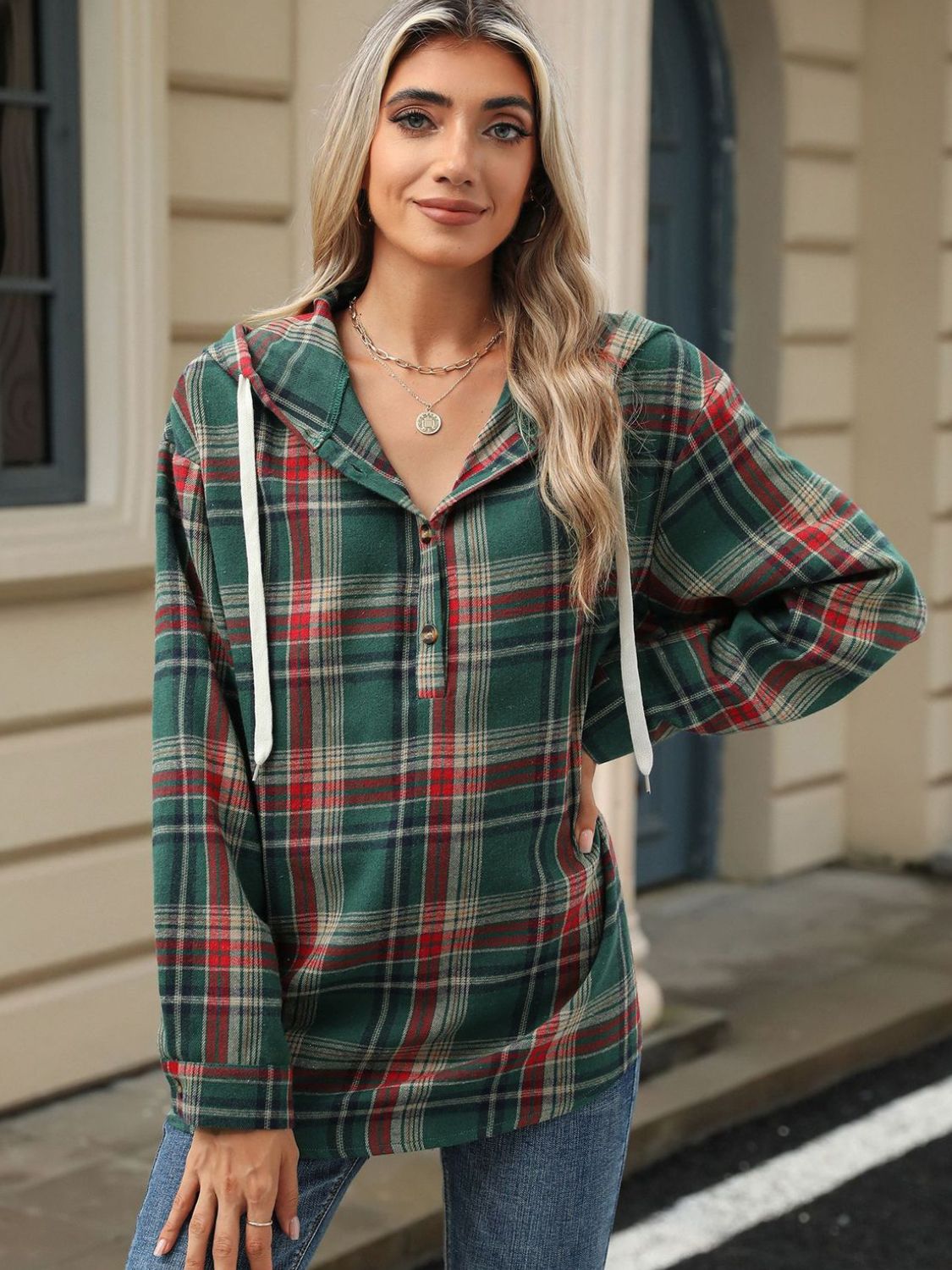 Blue Zone Planet | Drawstring Plaid Hooded Long Sleeve Top-TOPS / DRESSES-[Adult]-[Female]-2022 Online Blue Zone Planet