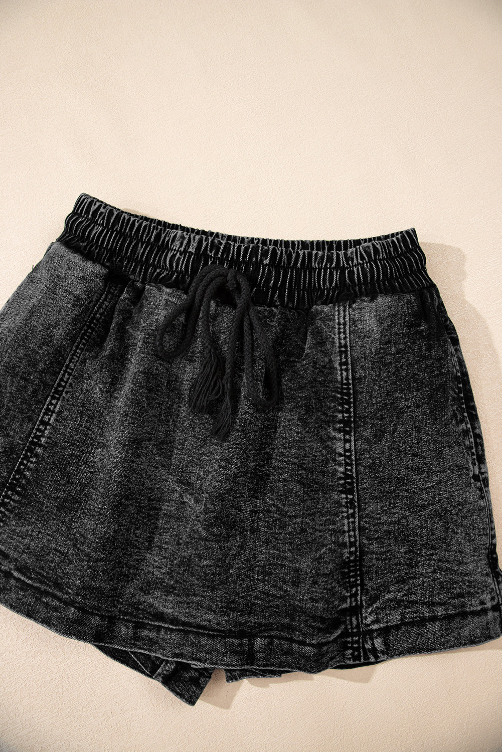 Black Drawstring High Waist Pocketed Denim Shorts-Bottoms/Denim Shorts-[Adult]-[Female]-2022 Online Blue Zone Planet