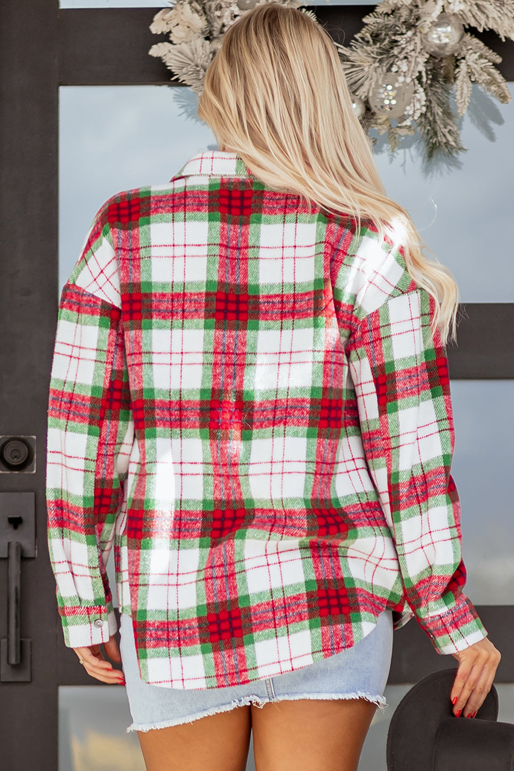 Red Christmas Plaid Casual Flannel Shacket-Outerwear/Plaid Shackets-[Adult]-[Female]-2022 Online Blue Zone Planet
