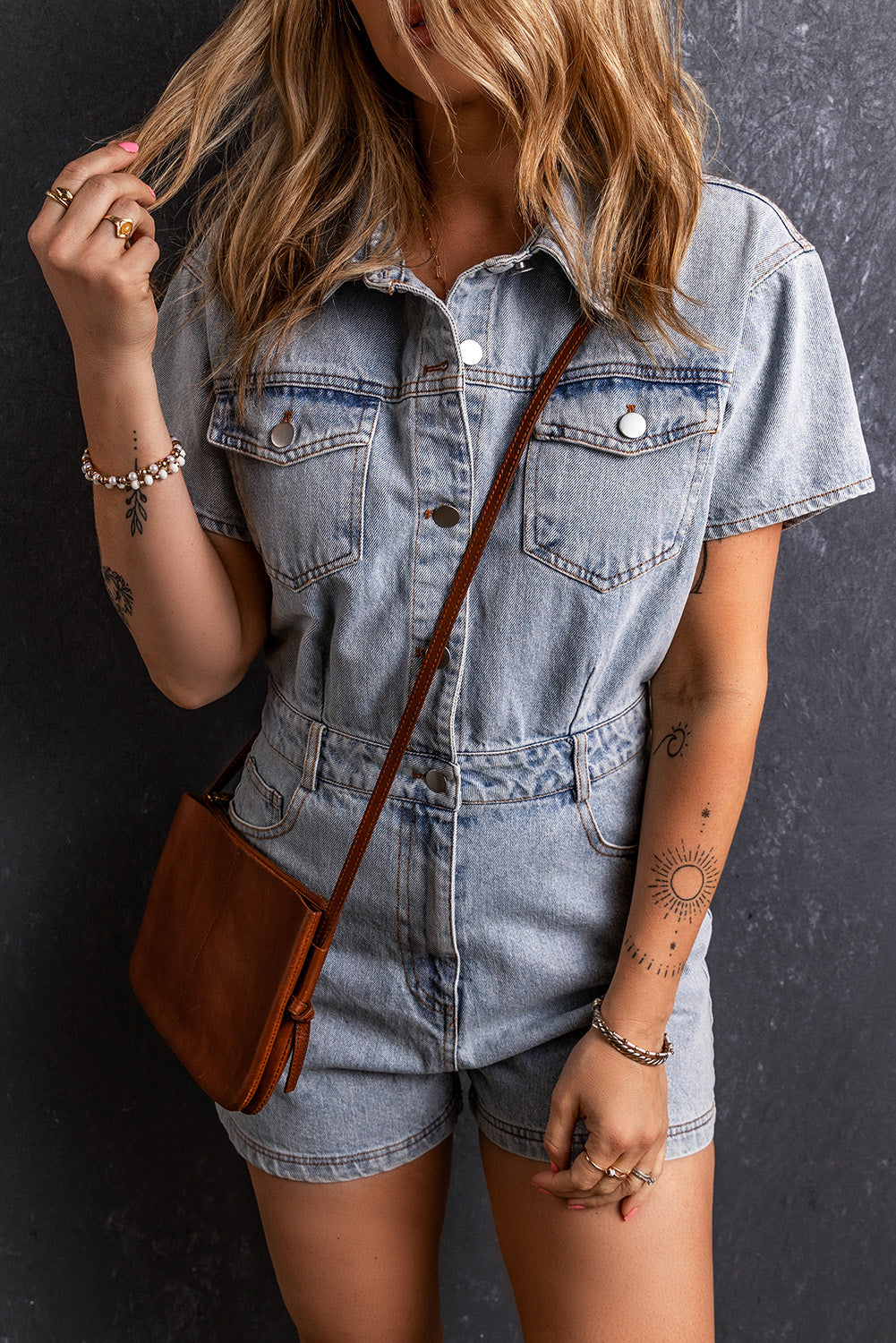 Blue Zone Planet | Collared Neck Short Sleeve Denim Romper-TOPS / DRESSES-[Adult]-[Female]-2022 Online Blue Zone Planet