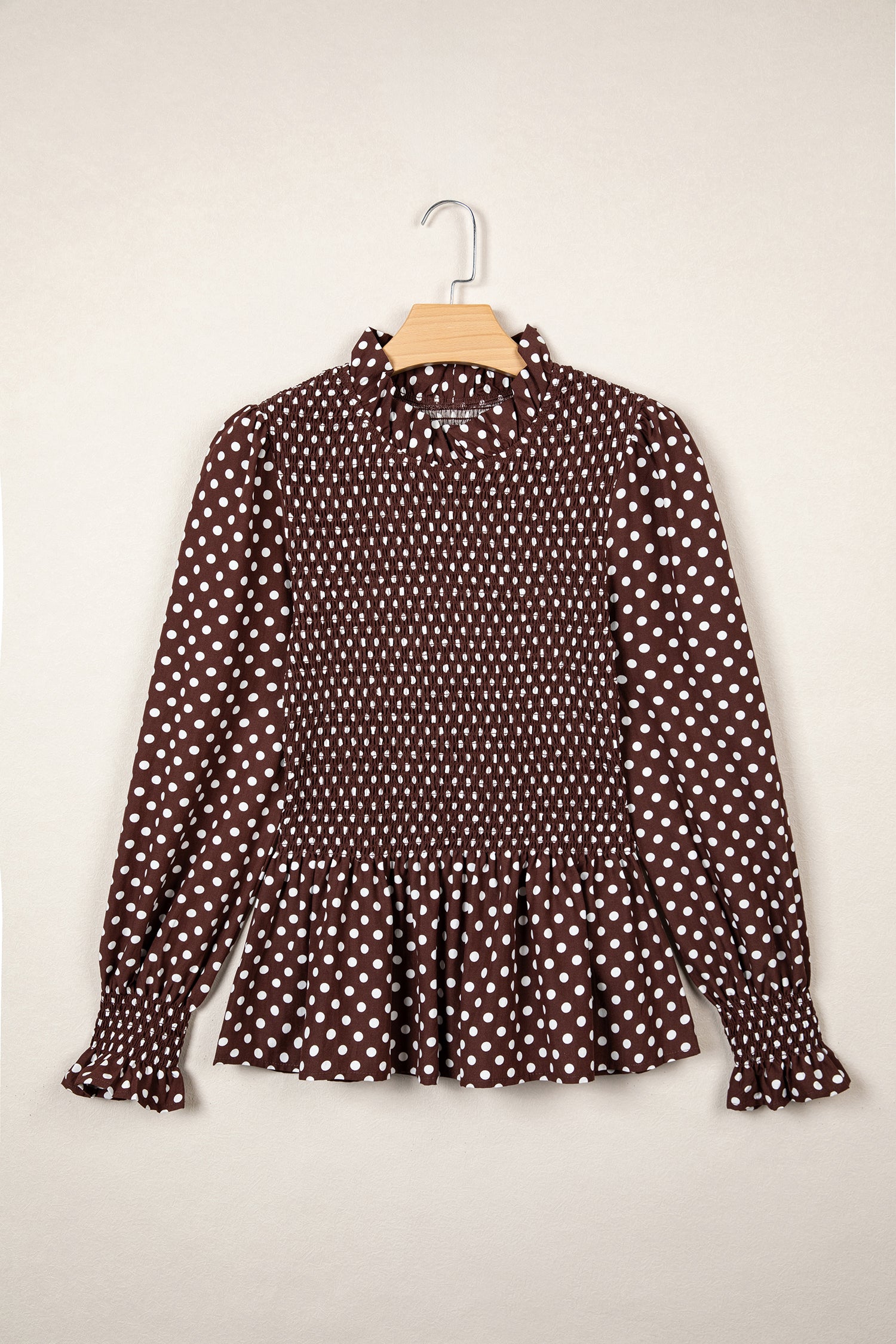 Brown Polka Dot Ruffled High Neck Shirred Ruffle Hem Blouse-Tops/Blouses & Shirts-[Adult]-[Female]-2022 Online Blue Zone Planet