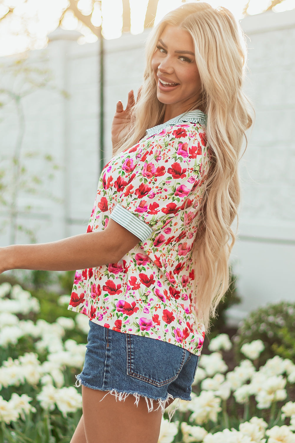 Red Floral Print Striped Patchwork Collared Short Sleeve Blouse-Tops/Blouses & Shirts-[Adult]-[Female]-2022 Online Blue Zone Planet