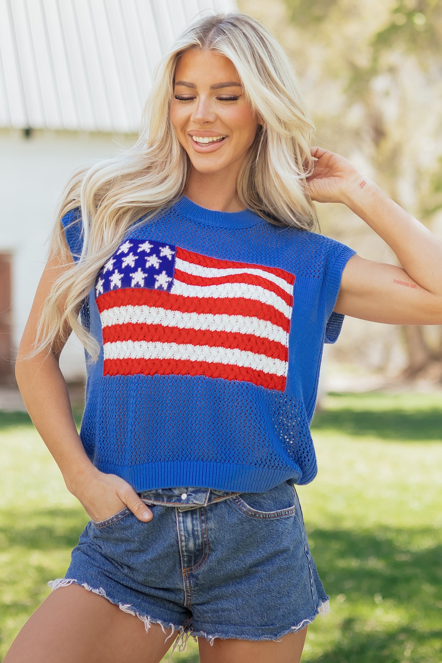 Sky Blue Flag Graphic Short Sleeve Sweater Top-TOPS / DRESSES-[Adult]-[Female]-2022 Online Blue Zone Planet
