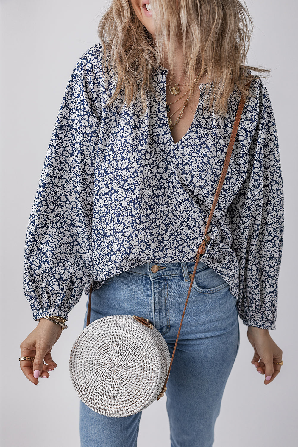 Blue Floral Print Notched V Neck Puff Sleeve Blouse-Tops/Blouses & Shirts-[Adult]-[Female]-2022 Online Blue Zone Planet