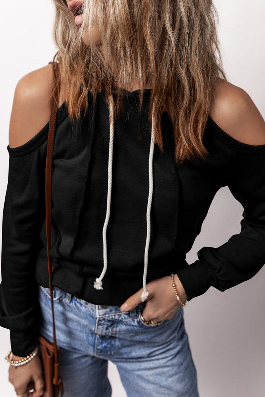 Black Exposed Seam Cold Shoulder Drawstring Hoodie-Tops/Sweatshirts & Hoodies-[Adult]-[Female]-Black-S-2022 Online Blue Zone Planet