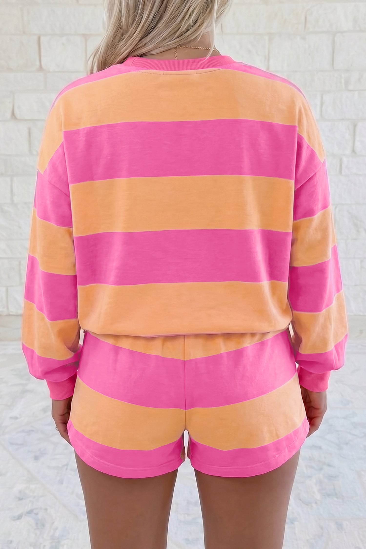 Pink Stripe Long Sleeve Casual Top Drawstring Shorts 2pcs Set-Two Piece Sets/Short Sets-[Adult]-[Female]-2022 Online Blue Zone Planet
