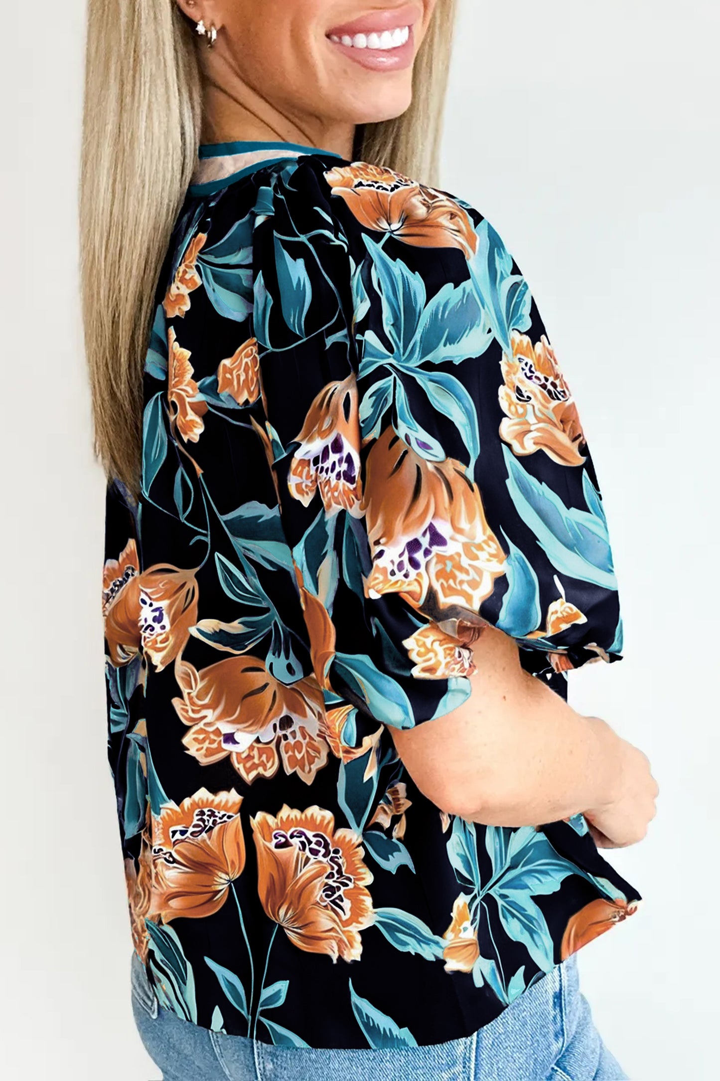 Black Floral Short Bubble Sleeve Buttoned Notched Neck Blouse-Tops/Blouses & Shirts-[Adult]-[Female]-2022 Online Blue Zone Planet
