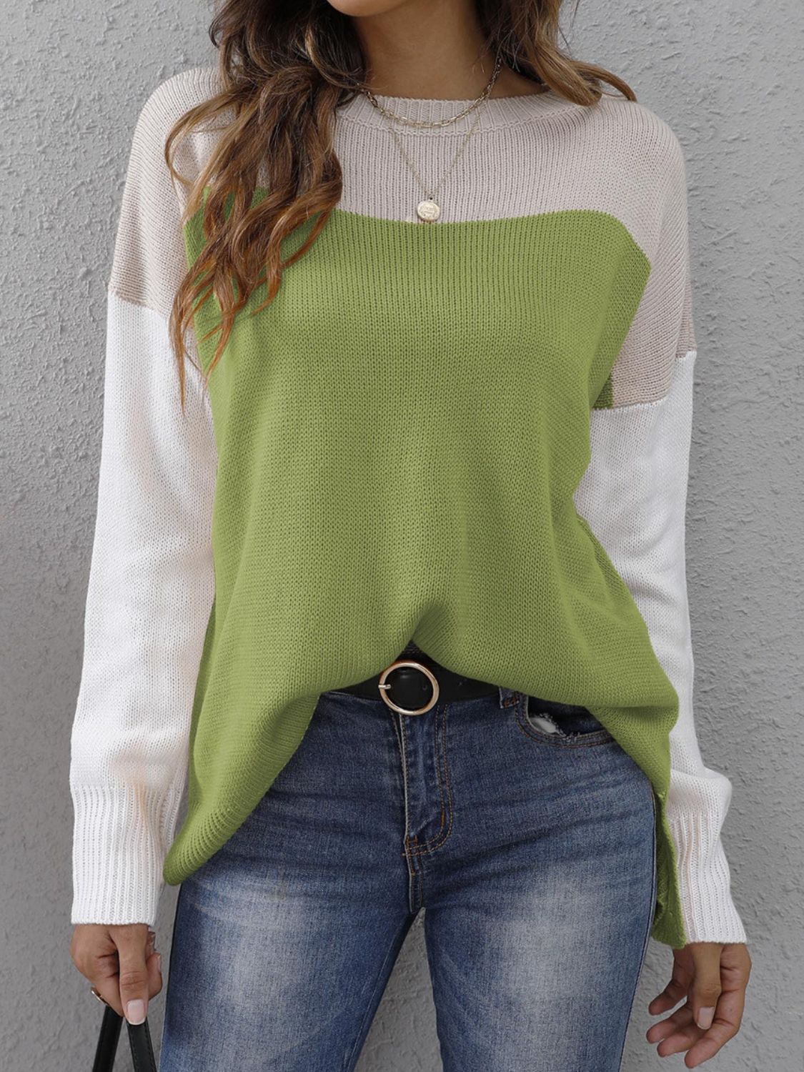 Color Block Round Neck Sweater-TOPS / DRESSES-[Adult]-[Female]-Lime-S-2022 Online Blue Zone Planet