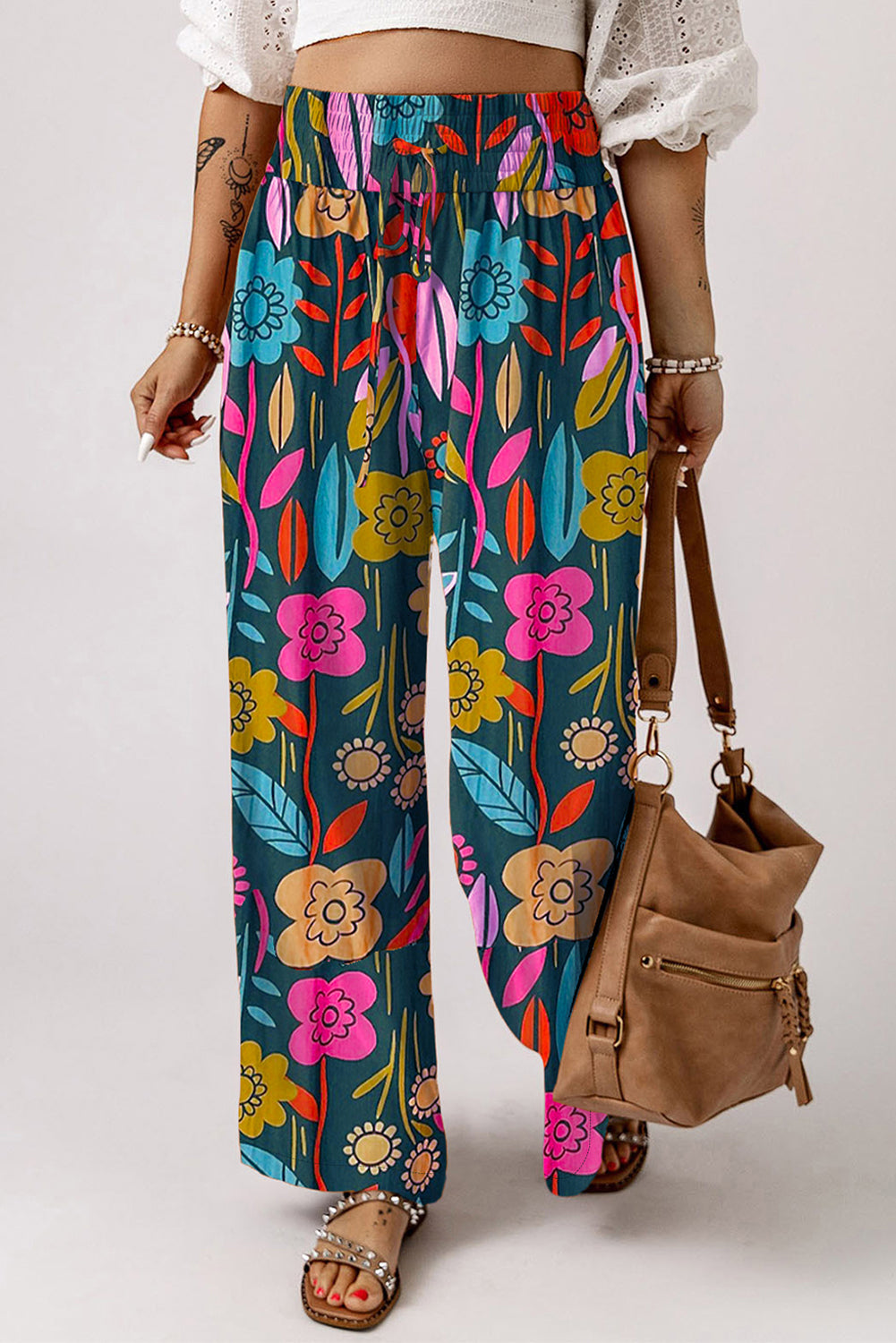 Blue Zone Planet | Printed High Waist Wide Leg Pants-BOTTOMS SIZES SMALL MEDIUM LARGE-[Adult]-[Female]-2022 Online Blue Zone Planet